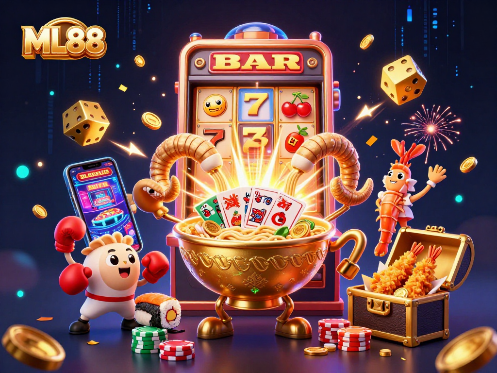 ML88 players enjoying a vibrant atmosphere with a golden ramen bowl dealer and slot machine explosion.