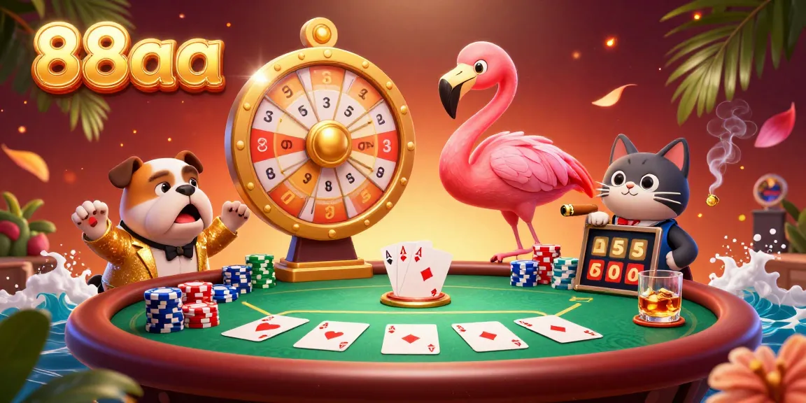 88aa engagingly showcases a 3D flamingo game show host and bulldog contestant amid vibrant casino elements.