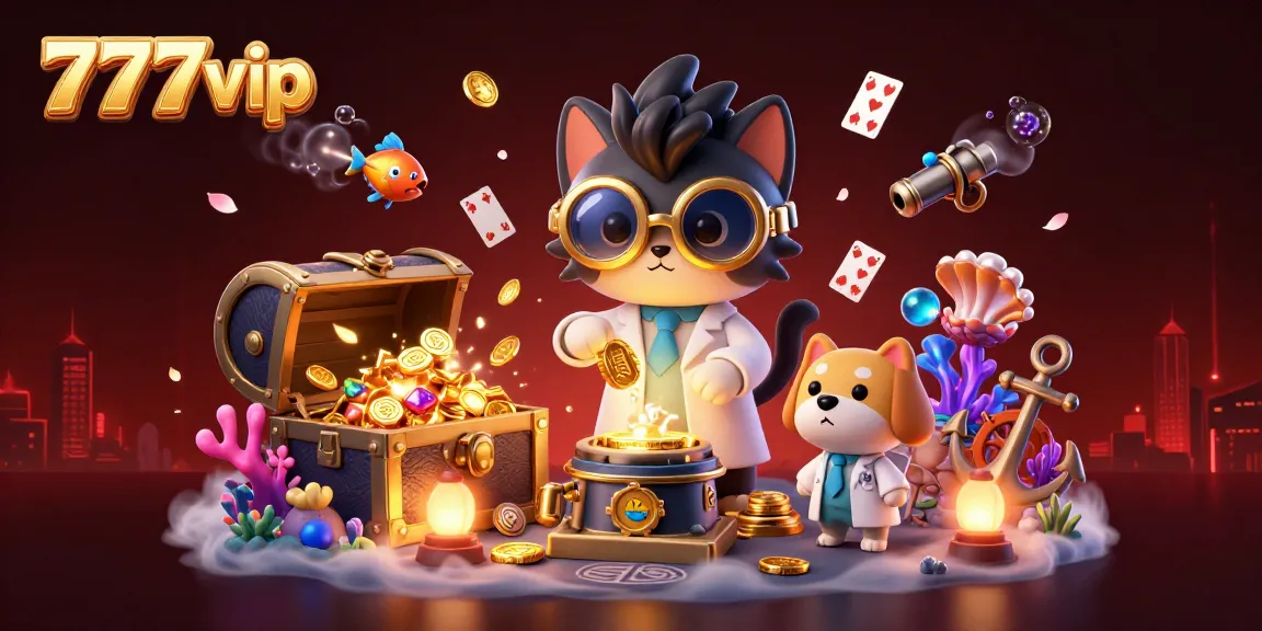 Experience the thrill of 777vip with a mad scientist cat creating gold coins surrounded by casino games and treasures.