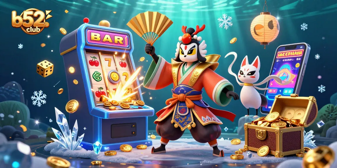 b52club offers engaging gameplay with a 3D kabuki warrior and exciting casino elements like slot machines.