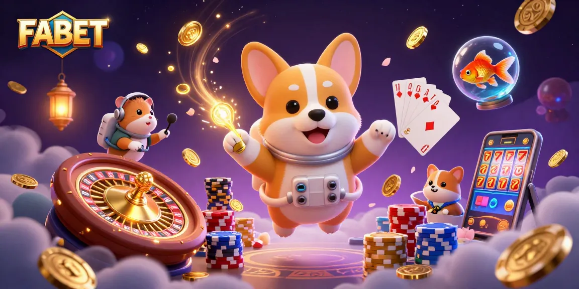 Experience thrilling gaming with FABET's vibrant space casino scene featuring a playful corgi and colorful poker elements.