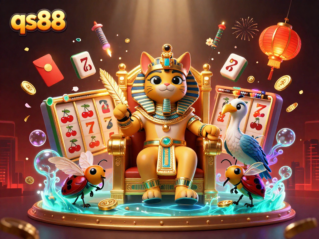 Experience thrilling wins at qs88 with vibrant slot games and a royal atmosphere in this 3D casino illustration.