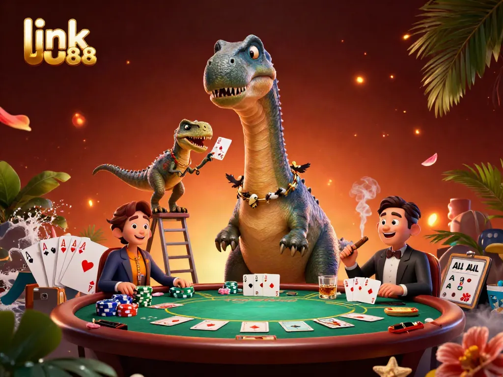 Experience the excitement of link UU88 at this vibrant casino scene with a playful brontosaurus and raptor dealer.