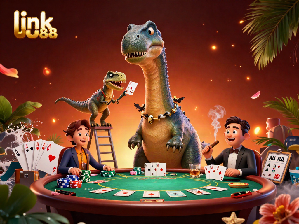 Experience the excitement of link UU88 at this vibrant casino scene with a playful brontosaurus and raptor dealer.