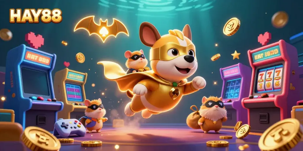Engage with HAY88's vibrant casino world featuring a superhero dog on an adventure.