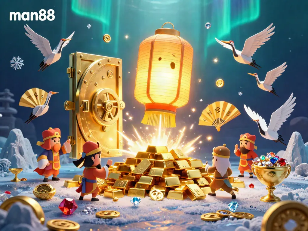 Experience epic wins at man88 with a glowing lantern spirit surrounded by treasures in a vibrant casino scene.