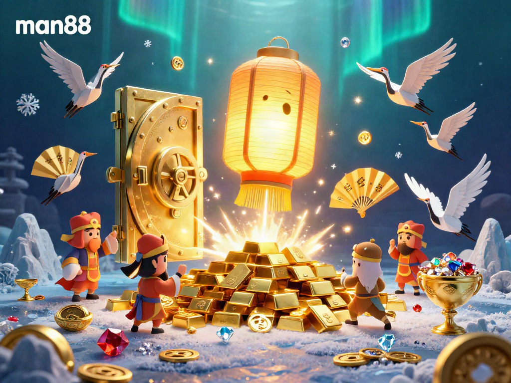 Experience epic wins at man88 with a glowing lantern spirit surrounded by treasures in a vibrant casino scene.