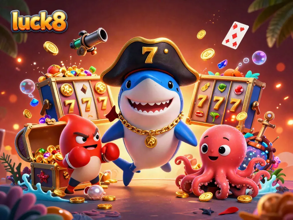 Engage with luck8's thrilling casino adventure featuring a playful pirate shark and treasures.