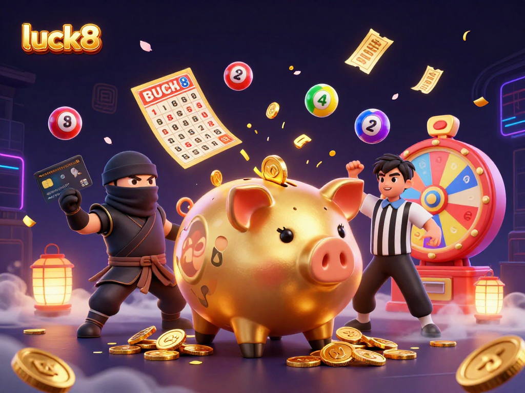 Experience the excitement of luck8 with a dynamic gaming scene featuring a golden piggy bank and energetic characters.
