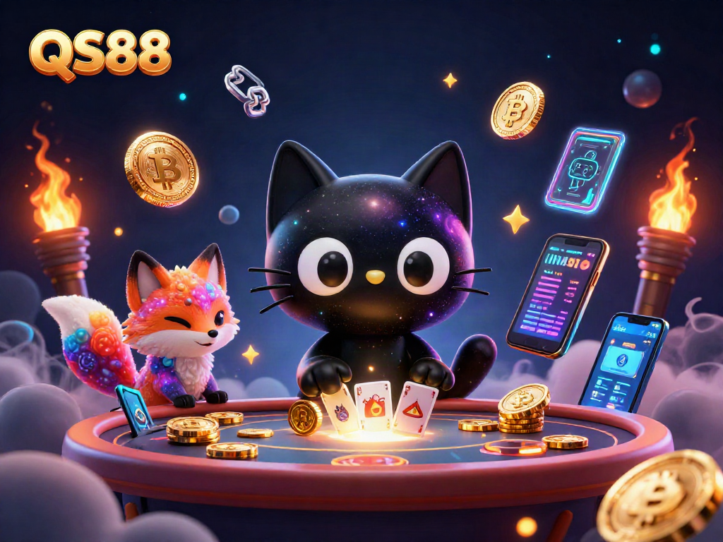 Engage in immersive gaming at QS88 with a cosmic casino scene featuring unique characters and rich cryptocurrency elements.