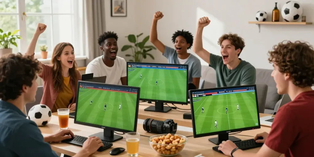 Socolive viewers enjoying live football match in a lively room with snacks.