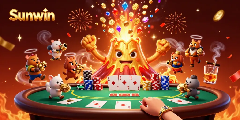 Experience thrilling victories at Sunwin with vibrant casino elements and a triumphant volcano.