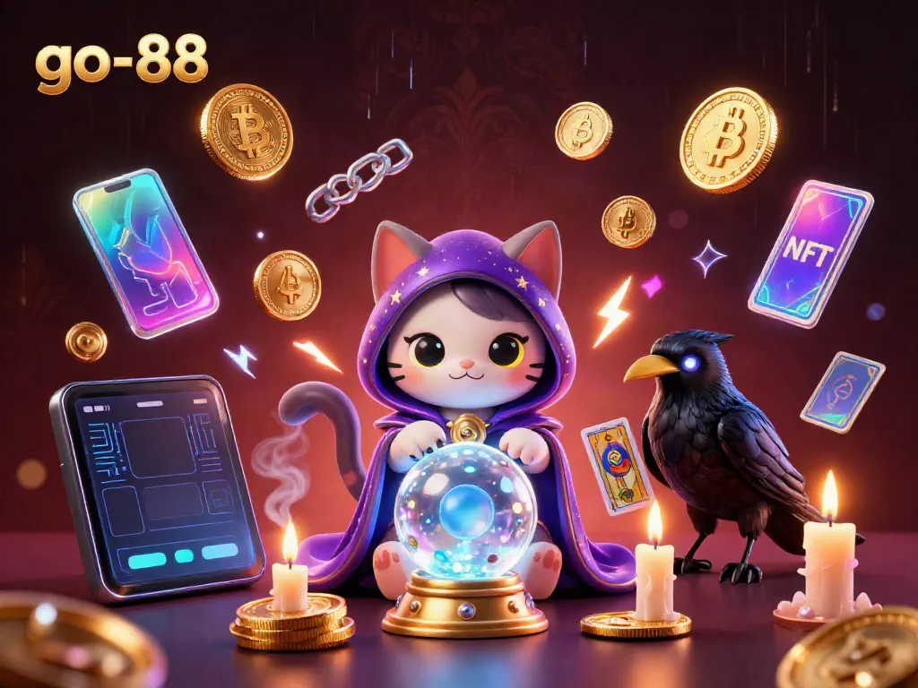 Experience excitement at go-88 with mystical elements and cryptocurrency symbols in a rich casino illustration.