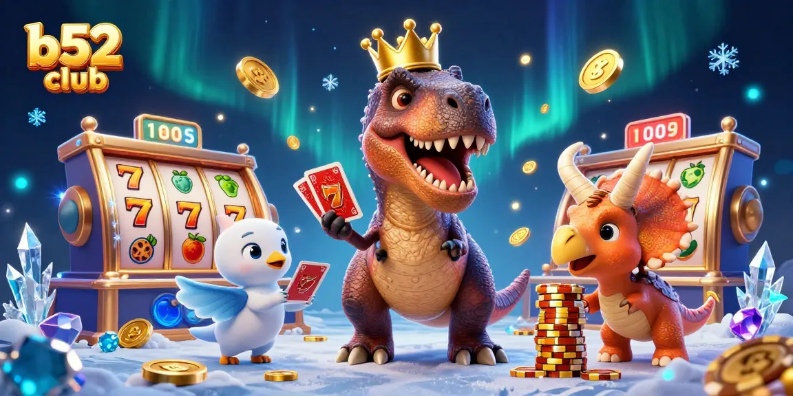 Experience thrilling gameplay at b52club with T-Rex shuffling cards amidst vibrant casino elements.