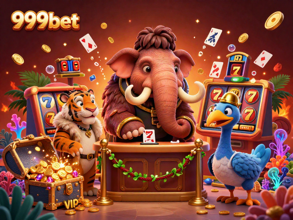 Experience the exciting world of 999bet with a vibrant and lively casino illustration featuring unique characters and dynamic gaming elements.
