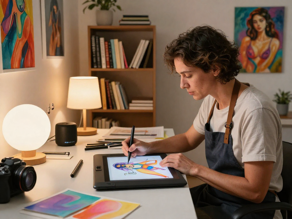 Artist focused on creating NSFW AI art in a sophisticated studio filled with vibrant colors and ambient lighting.