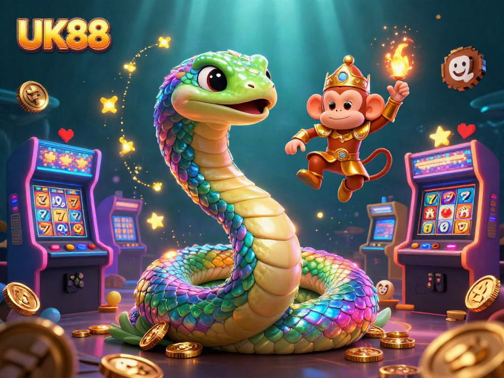 Experience thrilling slots with UK88's vibrant gaming scene featuring a serpent and monkey king.