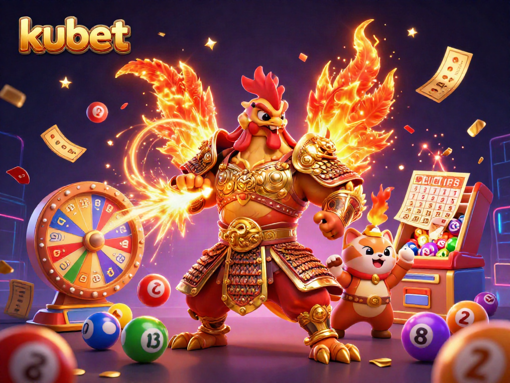 Experience the excitement of kubet with a vibrant 3D illustration featuring a rooster warrior and dragon hatchling.