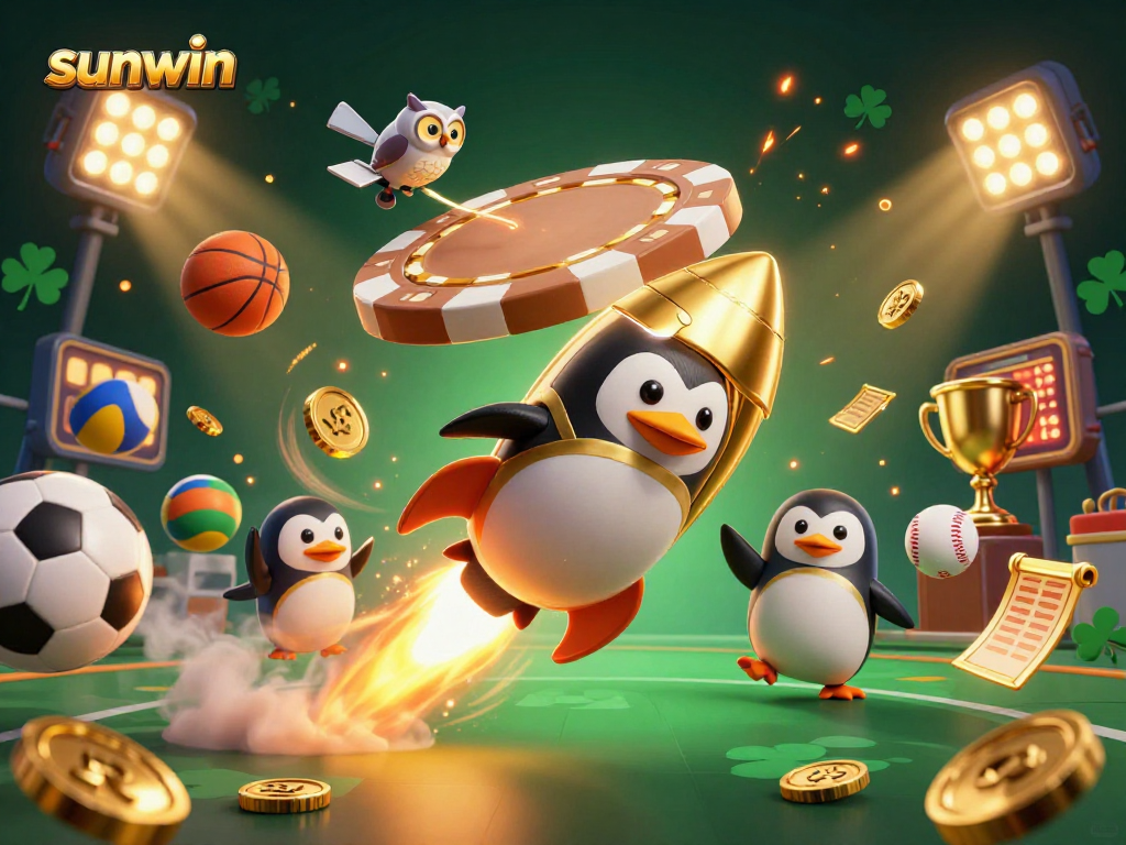 Engage in thrilling bets with sunwin as the golden penguin races towards a poker chip casino in a cosmic adventure.