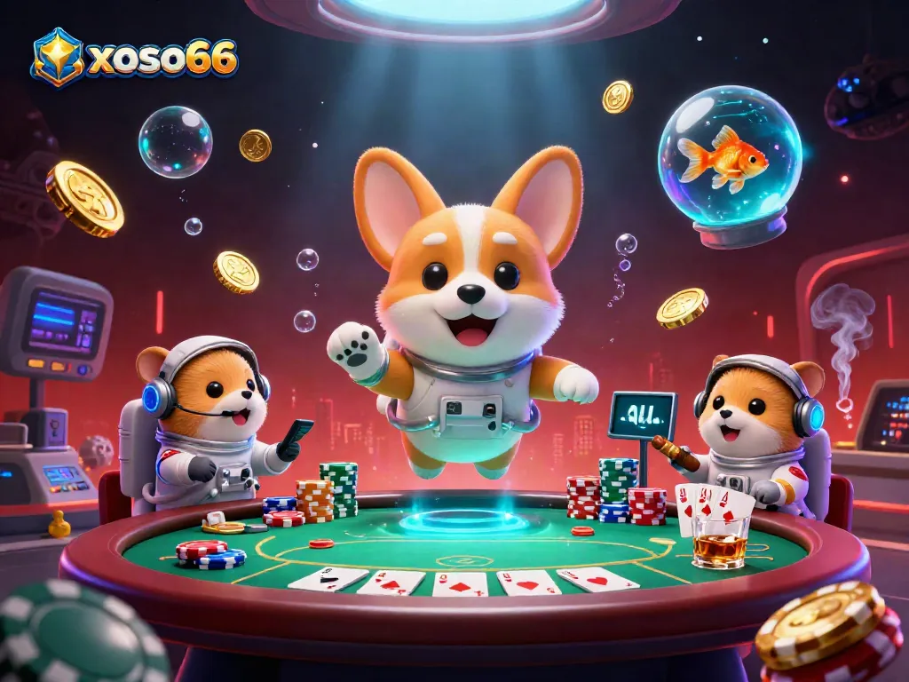 Experience thrilling games at xoso66, where a cartoon astronaut corgi and friends float in a vibrant casino atmosphere.