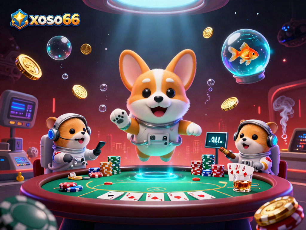 Experience thrilling games at xoso66, where a cartoon astronaut corgi and friends float in a vibrant casino atmosphere.