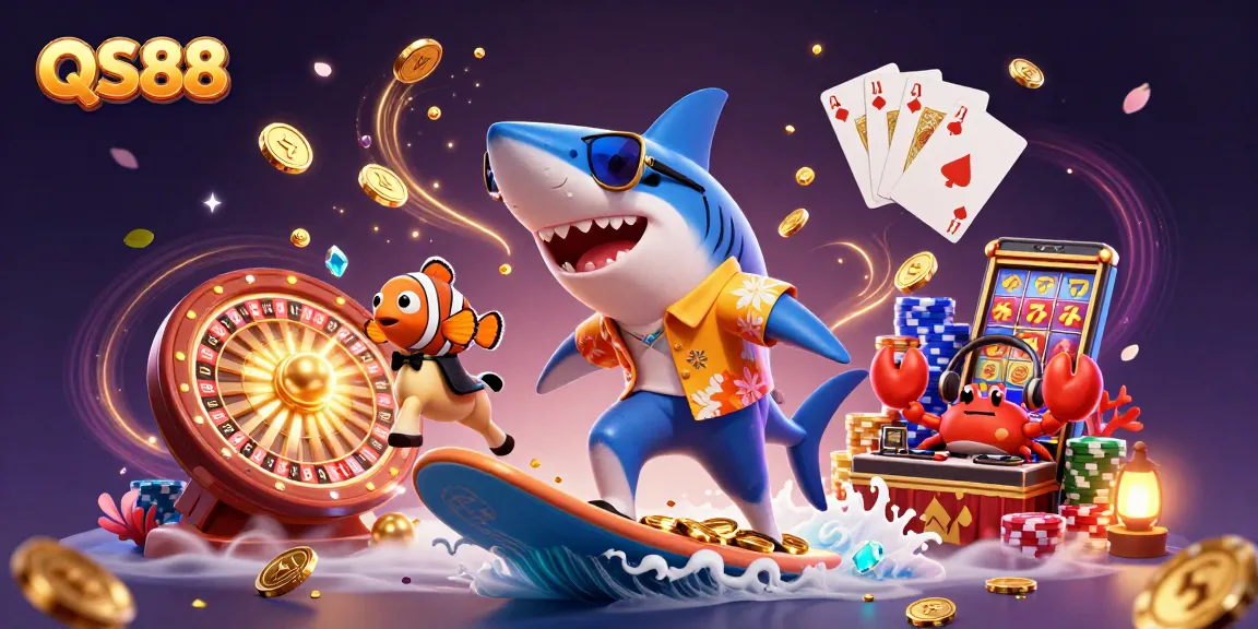 QS88 sharks and crab DJ in a 3D illustrated casino scene celebrating with coins and jewels