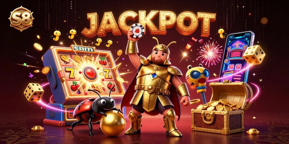 Engaging illustration of S8 gaming with hercules beetle and jackpot elements in casino atmosphere.