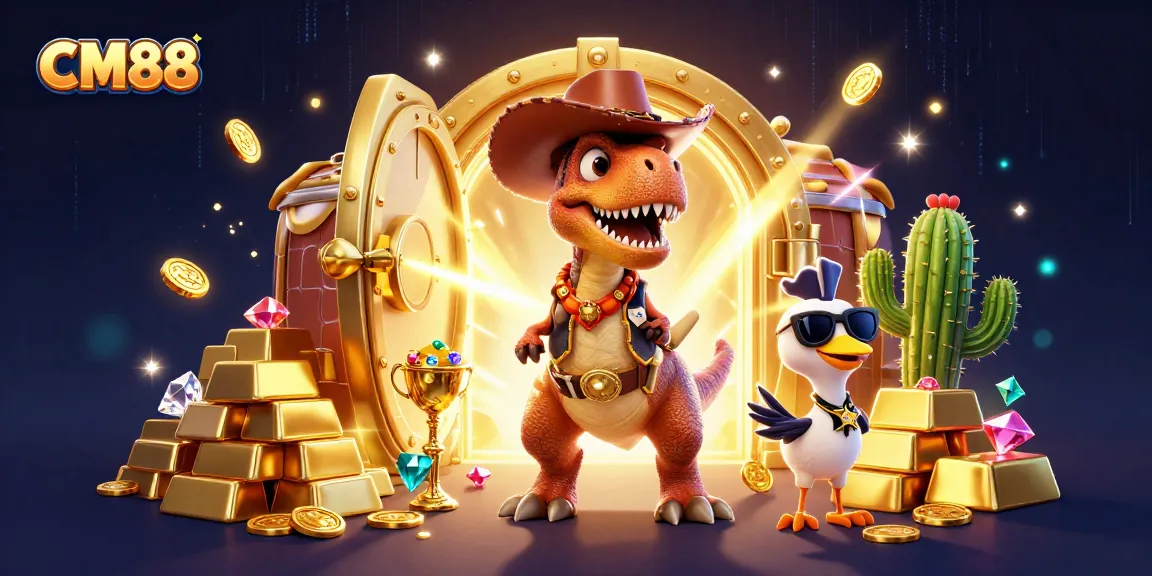 Engage with CM88's thrilling gaming experience featuring a cowboy dinosaur and treasure!