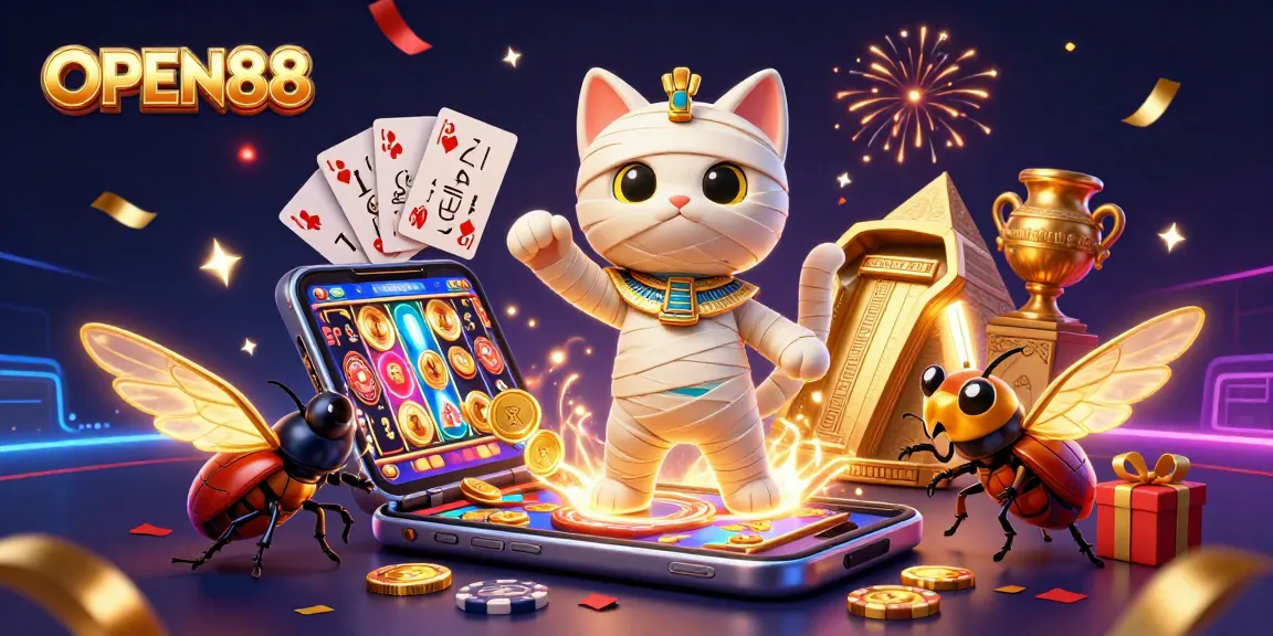 Play colorful slots at OPEN88 with a vibrant Egyptian theme featuring a mummy cat and scarab.