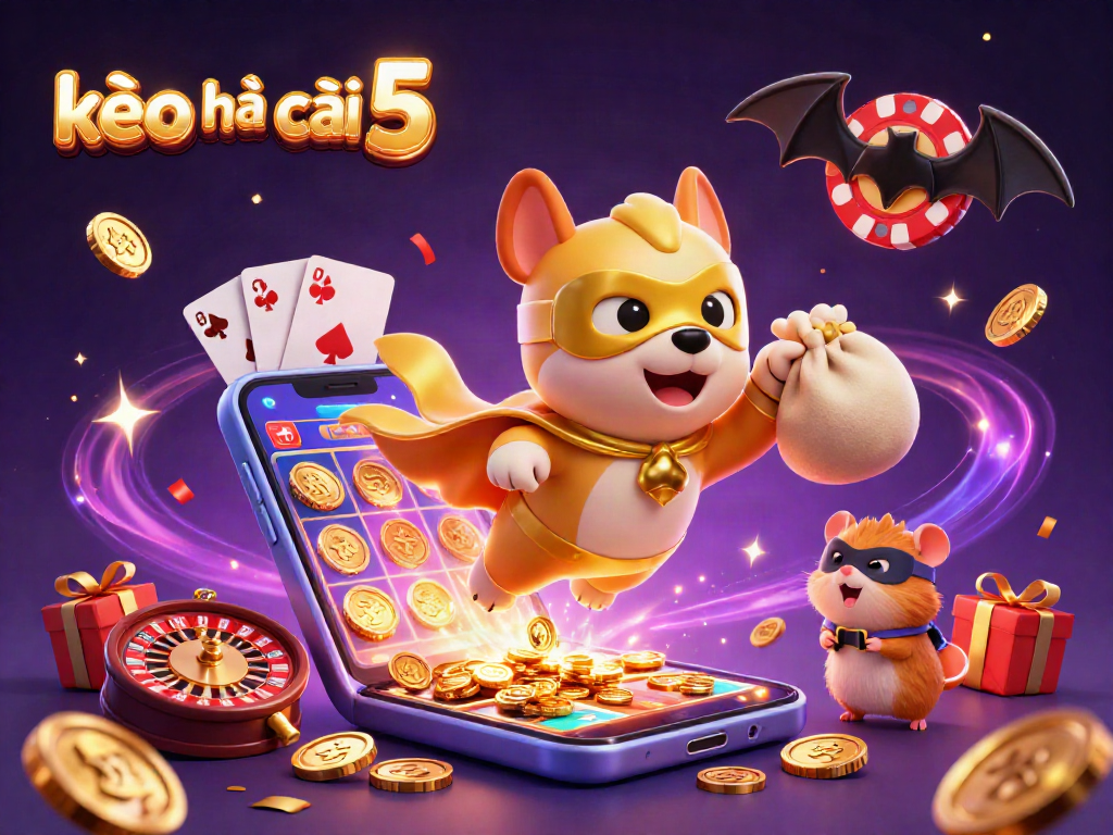 Engage in kèo nhà cái 5 with a superhero dog and hamster amidst casino excitement in a vibrant 3D scene.