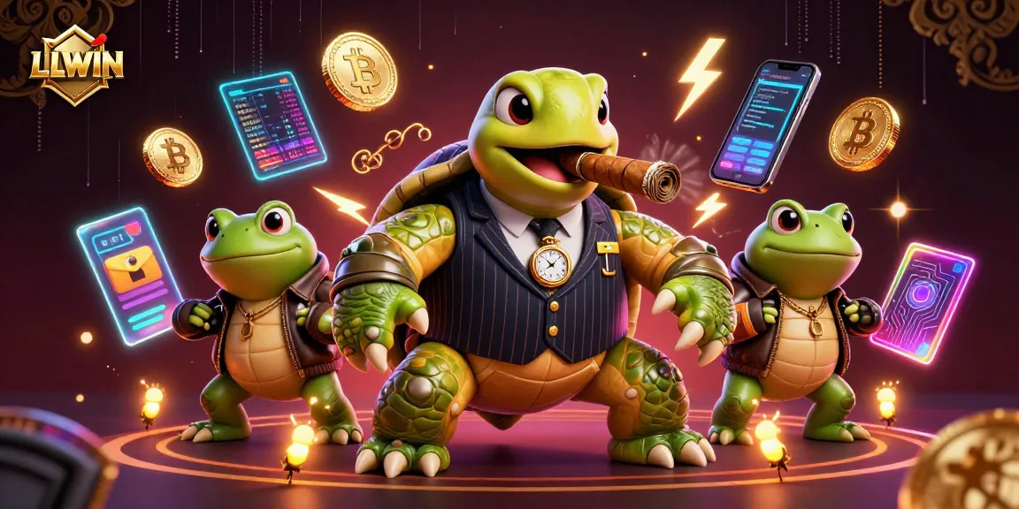 LLWIN engages players with a vibrant 3D casino illustration featuring cryptocurrency elements.