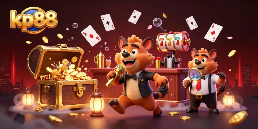 Experience thrilling play at kp88 with hyenas bringing comedy to casino gaming, surrounded by dynamic slots and treasure.