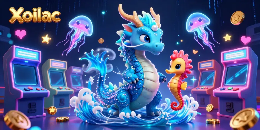 Xoilac features a vibrant, immersive casino scene with a dragon, a seahorse knight, and jellyfish amid arcade elements.