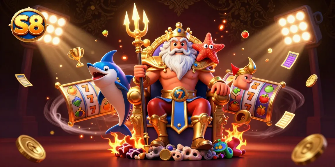 Spin the S8 slot reels with Neptune, swordsman, and vibrant casino elements.