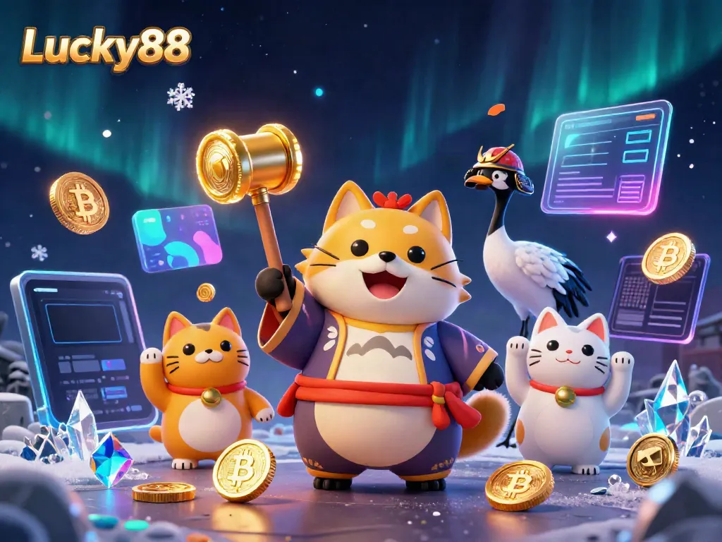 Join the fun at Lucky88 as the cheerful tanuki celebrates with lucky mallets and fortune cats in a vibrant casino scene.