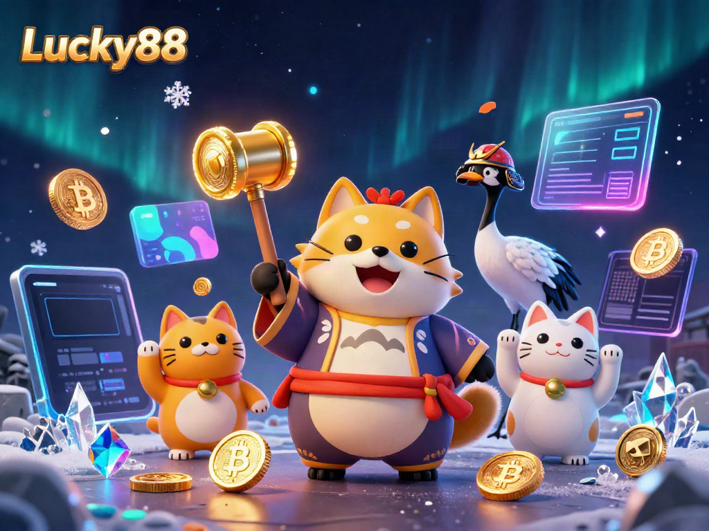 Join the fun at Lucky88 as the cheerful tanuki celebrates with lucky mallets and fortune cats in a vibrant casino scene.