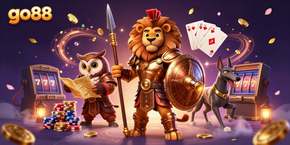 Engage with go88's dynamic casino experience featuring a Spartan lion, owl strategist, and greyhound messenger.