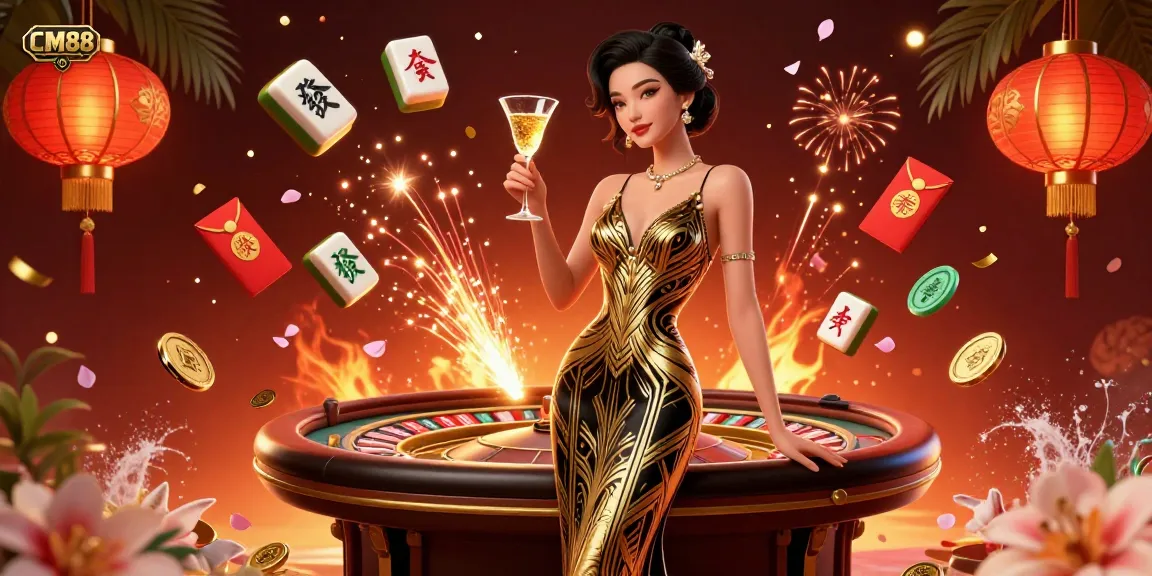 Win big at CM88 casino with an elegant lady amidst dazzling game elements and rich colors.