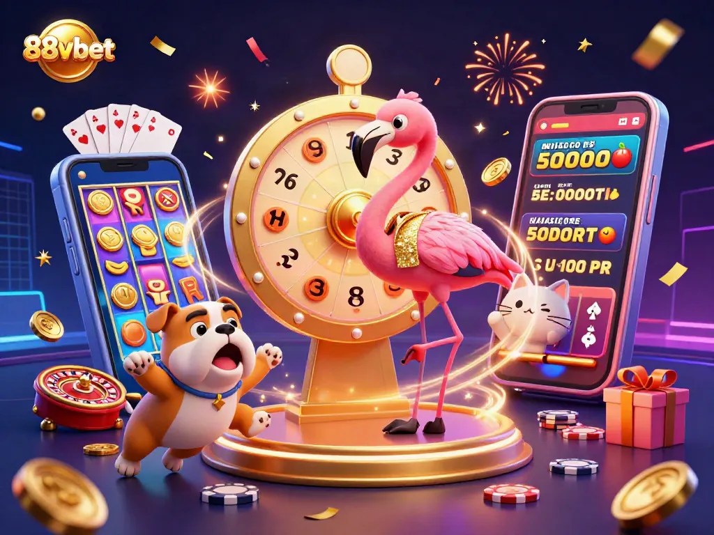 Play thrilling slot games and casino excitement with 88vbet's dynamic 3D illustration featuring fun characters.