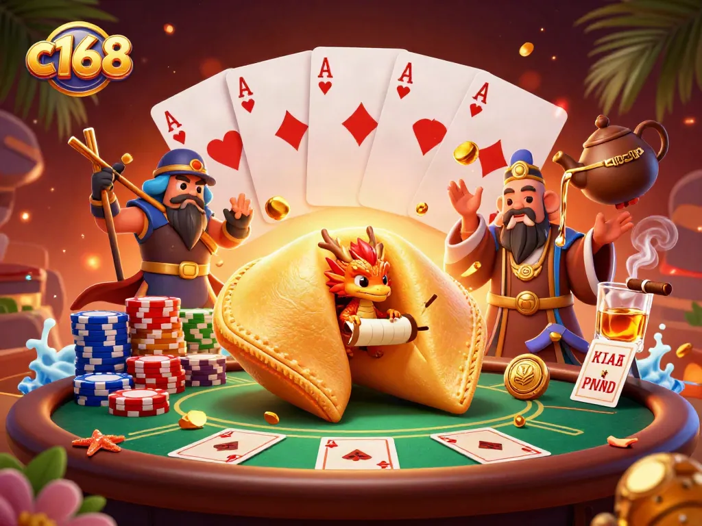 Engage in thrilling c168 casino games with vibrant 3D characters in a rich, detailed illustration.