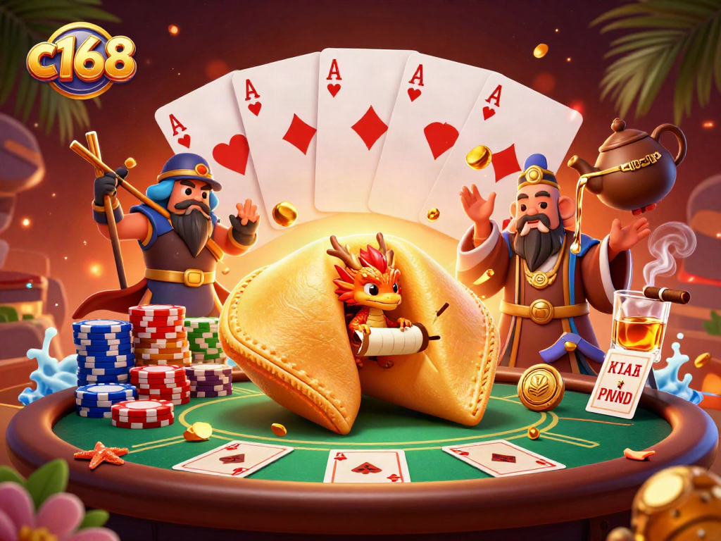 Engage in thrilling c168 casino games with vibrant 3D characters in a rich, detailed illustration.