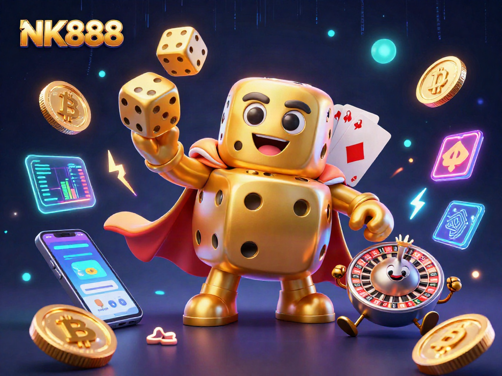 Win big with NK888 while engaging with 3D casino elements in a vibrant, immersive scene.