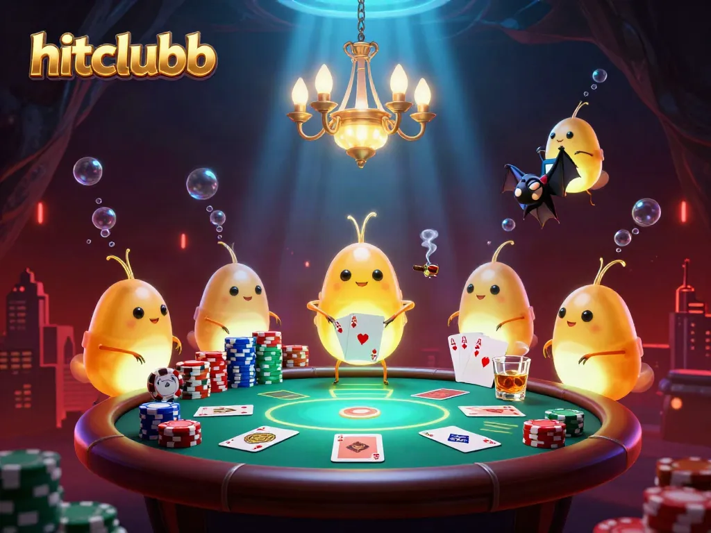 Exciting scene of glowworms and a bat dealer at hitclubb casino, showcasing poker elements and luminescent effects.