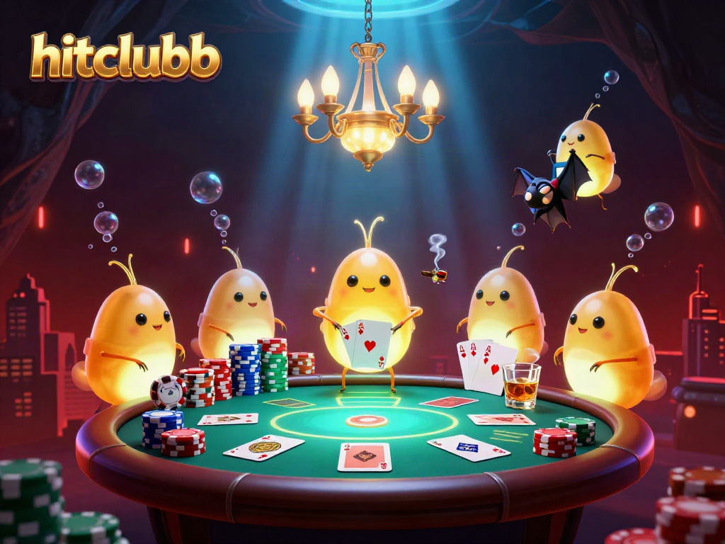 Exciting scene of glowworms and a bat dealer at hitclubb casino, showcasing poker elements and luminescent effects.