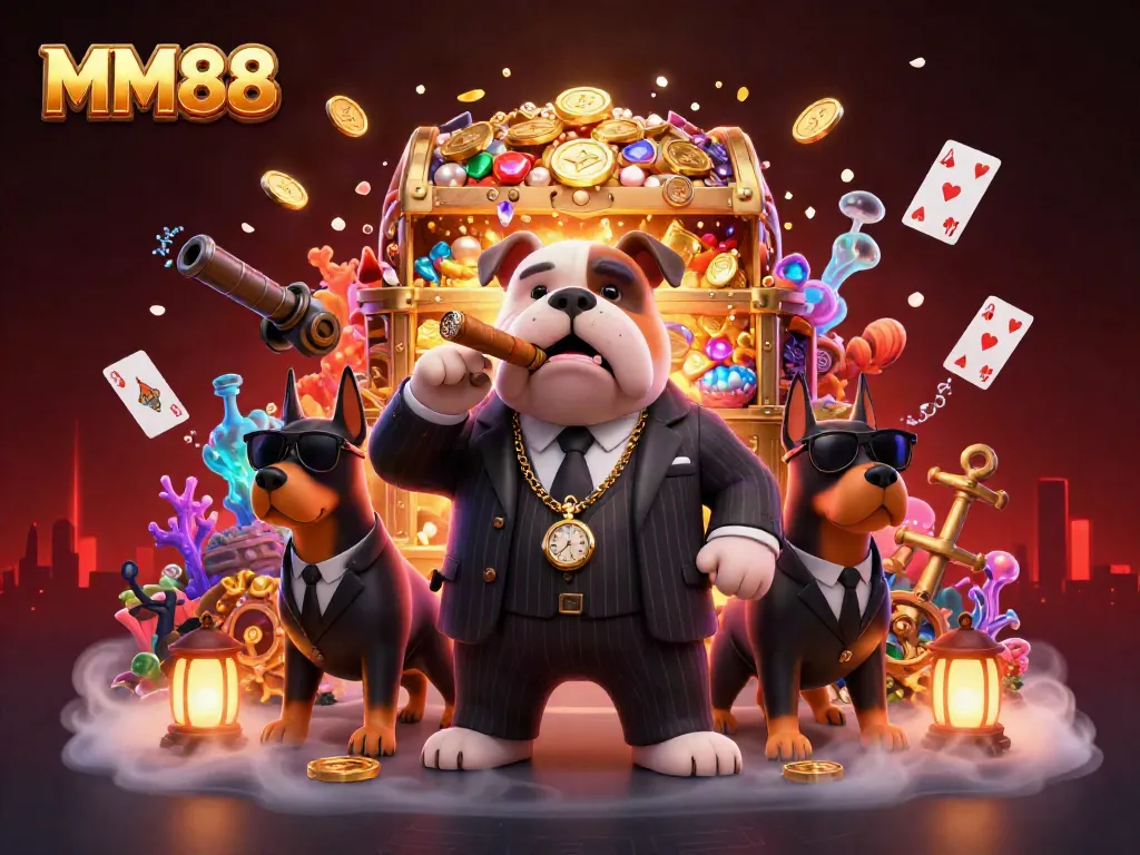 Experience thrilling moments with MM88, featuring a mafia boss bulldog and bodyguard Dobermans surrounded by colorful gambling treasures.