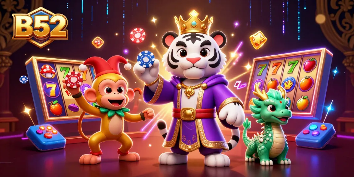 B52 casino showcasing a lively scene with characters and slot machine elements, inviting online gameplay.