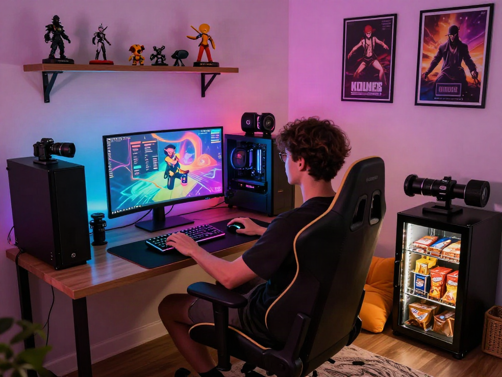 Immersive gaming setup with porngames on display, vibrant lights, and personalized decor.
