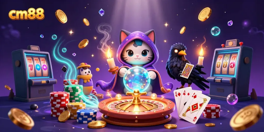 Experience thrilling gameplay with cm88, featuring a mystic cat, glowing raven, and rich casino imagery.