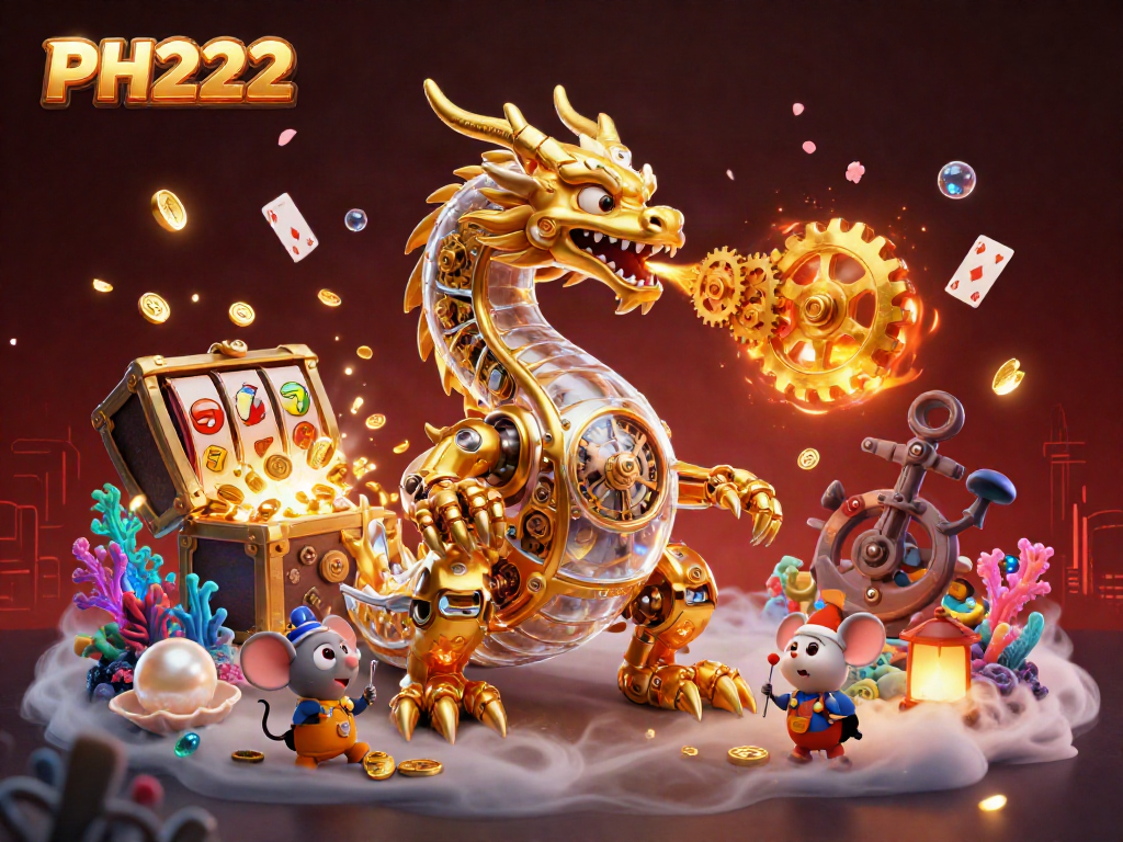 Engage with the vibrant PH222 online casino experience, featuring a golden dragon and treasure elements.