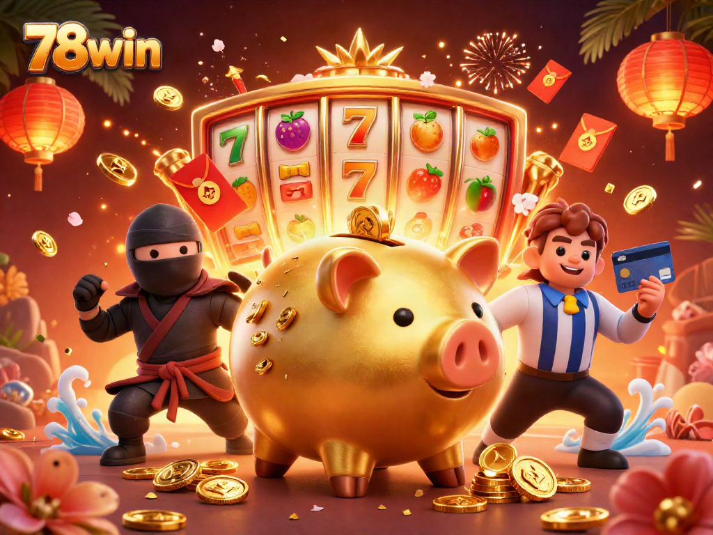 Experience thrilling wins with 78win as a golden piggy bank sumo wrestler shakes coins in a vibrant casino atmosphere.